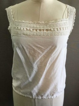Womens, Camisole 1890s-1910s, N/L, White, Cotton, Solid, 36, White Cotton Body with Crochet Lace Armhole/Straps and Neck, Square Neck