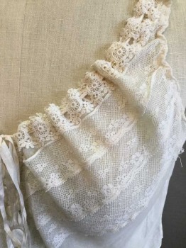 Womens, Camisole 1890s-1910s, Cream, Cotton, B34, Cotton Batiste with Lace Trim In V Shape At Neckline, Sleeveless, Covered Buttons Center Front, with Ribbon Drawstring At Neckline. Some Stains On Left Bust,