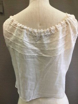 Womens, Camisole 1890s-1910s, Cream, Cotton, B34, Cotton Batiste with Lace Trim In V Shape At Neckline, Sleeveless, Covered Buttons Center Front, with Ribbon Drawstring At Neckline. Some Stains On Left Bust,