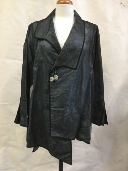 Womens, Sci-Fi/Fantasy Jacket, MTO, Gray, Black, Gold, Silk, Polyester, Asian Inspired Theme, 34, Mesh Over Jacquard, Asymmetrical Hem and Snap Closure with Bobble.  Open Underarms, Slit Cuffs, Asian Inspired, Regal Lady of the Universe