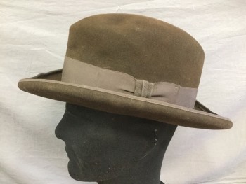Mens, Homburg Hat 1890s-1910s, BOLLMAN, Dk Brown, Wool, 7 1/2, Grosgrain Hat Band with Bow, Felted Wool,