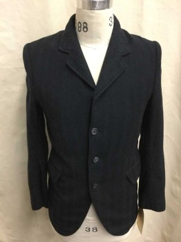 Mens, Jacket 1890s-1910s, NO LABEL, Navy Blue, Wool, Herringbone, 36, Self Stripe, Herringbone, Single Breasted, Fabric Worn, 2 Flap Pockets,