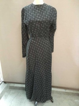 Womens, Dress 1890s-1910s, N/L, Black, Cream, Polyester, Cotton, Solid, Geometric, W 28, B 38, Black W/dotted Square & Vertical Dots Line, Round Neck,  Pleat Upper Top, Long Sleeves, V-back, Hook & Eye Closures Back, 2 Pleat Skirt Front, Flair Bottom,