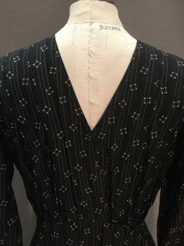 Womens, Dress 1890s-1910s, N/L, Black, Cream, Polyester, Cotton, Solid, Geometric, W 28, B 38, Black W/dotted Square & Vertical Dots Line, Round Neck,  Pleat Upper Top, Long Sleeves, V-back, Hook & Eye Closures Back, 2 Pleat Skirt Front, Flair Bottom,