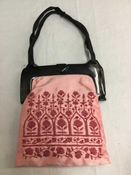 Womens, Purse, Ipa Nema, Pink, Mauve Pink, Red, Black, Silk, Polyester, Floral, Pink Silk Small Back with Mauve Floral Embroidery and Red Beads, Black Enamel Closure, Black Polyester Straps, Looks Turn Of The Century (TOC)