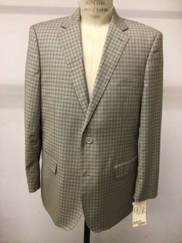 Antonio Cardinni, Khaki Brown, Blue, White, Wool, Silk, Plaid, 2 Buttons,  Single Breasted, Notched Lapel, Hand Picked Collar/Lapel, 3 Pockets,