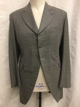 Mens, Suit, Jacket, 1890s-1910s, DOMINIC GHERARDI, Taupe, Tan Brown, Wool, Plaid-  Windowpane, 42, Frock Coat, Peak Lapel, 3 Buttons,  3 Pockets with 1 Additional Small Faux "Pocket" Flap At Waist, Vented Back,