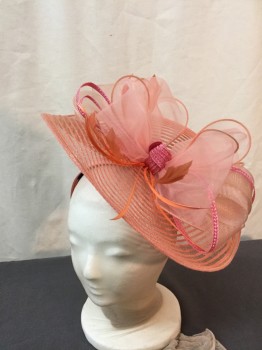 Womens, Fascinator, N/L, Peach Orange, Straw, Solid, N/S, Pretty Big Bow on a Striped Straw Hat with Some Feathers