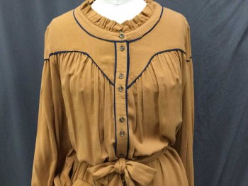 FREE PEOPLE, Brown, Navy Blue, Rayon, Solid, Camel Brown with Navy Trim, Round Neck & Hem W/self Ruffle Trim, Yoke Front & Back, Button Front, W/self Detached BELT