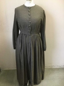 Womens, Dress, Piece 1, 1890s-1910s, N/L, Brown, Black, Cotton, Polyester, Stripes - Horizontal , W:40, B:44, Specked Brown with Horizontal Black Stripes, Long Sleeves, Self Fabric Covered Buttons at Center Front, Round Neck, Gathered at Waist, Floor Length Hem, Made To Order Reproduction