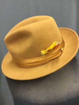 STACY ADAMS, Tan Brown, Wool, Solid, Tan Wool Fedora with Tan Satin Hat Band, Yellow & Brown Feather Trim, See Photo Attached,
