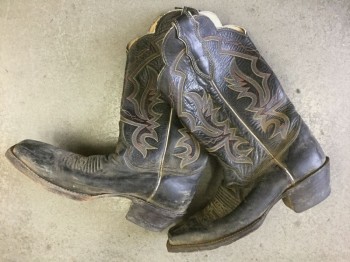Womens, Cowboy Boots, N/L, Faded Black, Orange, Yellow, Teal Green, Purple, Leather, 7, Dusty/Faded Black Leather with Multicolor (Orange, Yellow, Teal and Purple) Western Embroidery, Square Toe, 1.5" Cuban Heel, Scallopped Leg Opening, Calf Length **Very Dirty/Scuffed Throughout