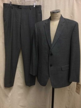 TOMMY HILFIGER, Heather Gray, Black, Blue, Wool, Synthetic, Heathered, Plaid-  Windowpane, Heather Gray. Black/ Blue Window Pane, Notched Lapel, 2 Buttons,
