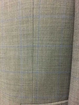 TOMMY HILFIGER, Heather Gray, Black, Blue, Wool, Synthetic, Heathered, Plaid-  Windowpane, Heather Gray. Black/ Blue Window Pane, Notched Lapel, 2 Buttons,