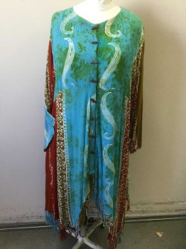 GAZAPATI, Turquoise Blue, Olive Green, Brown, Dk Red, White, Rayon, Floral, Wide V-neck, Wooden Barrel Button Front, 3/4 Sleeves, Uneven Hem W/fringe
