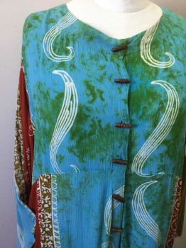 GAZAPATI, Turquoise Blue, Olive Green, Brown, Dk Red, White, Rayon, Floral, Wide V-neck, Wooden Barrel Button Front, 3/4 Sleeves, Uneven Hem W/fringe
