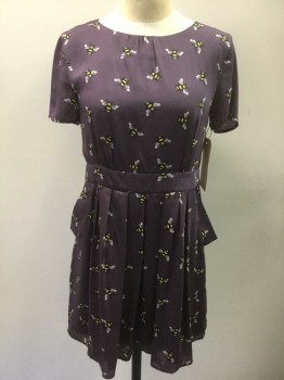 JUICY COUTURE, Dusty Purple, Yellow, Black, Lavender Purple, Polyester, Novelty Pattern, Round Neck, Button Back Close, Short Sleeves, Waistband Insert, 2 Pockets, Gathers at Neck Edge, Pleated Short Skirt, Womens 6 or Girls 14