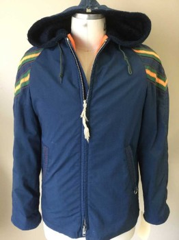 Mens, Coat, MIGHTY-MAC, Black, Gray, Orange, Polyester, Solid, 44, Metal Zipper with a Few Teeth Missing But It Still Zips Up, Orange and Green Chevron Stripes on Shoulders, Lined in Orange and Blue Faux Fur, Hood with Zipper in the Center, Raglan Sleeves,  Pretty Great