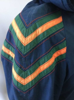 Mens, Coat, MIGHTY-MAC, Black, Gray, Orange, Polyester, Solid, 44, Metal Zipper with a Few Teeth Missing But It Still Zips Up, Orange and Green Chevron Stripes on Shoulders, Lined in Orange and Blue Faux Fur, Hood with Zipper in the Center, Raglan Sleeves,  Pretty Great