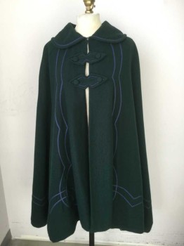 Womens, Cape 1890s-1910s, N/L, Emerald Green, Blue, Wool, Rayon, Solid, O/S, Winter Cape, Peter Pan Collar with 2 Button Tabs at Front with Blue Soutache Trim, Brown Rayon Lining. Inverted Pleat at Center Back, Novelty Panelling at Back Collar