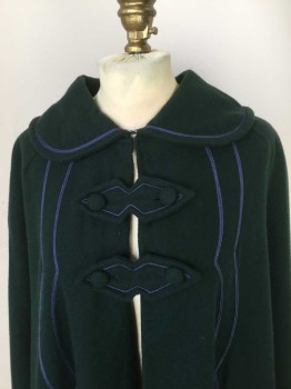 Womens, Cape 1890s-1910s, N/L, Emerald Green, Blue, Wool, Rayon, Solid, O/S, Winter Cape, Peter Pan Collar with 2 Button Tabs at Front with Blue Soutache Trim, Brown Rayon Lining. Inverted Pleat at Center Back, Novelty Panelling at Back Collar