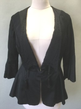 N/L , Black, Silk, Solid, 3/4 Sleeves, Long Collar/Lapel with Pointed Ends, Black Floral Embroidery, Self Ties Hanging From Neck with Tassle Ends, Box Pleated Detail at Cuffs, Half Moon Shaped Embroiderred Closure at Center Front Waist, Lining is Black and Gold Vertical Stripes, Made To Order