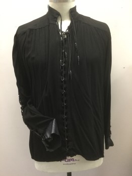 Mens, Tops, MTO, Black, Rayon, Leather, Solid, XL, Stand Collar, Lace Up Front and Outer Long Sleeves with D-rings and Rope Lacing and Filigree Aglets, Gathers at Yoke, Rough Cut Leather Cuffs, 1600's, Romantic Space Pirate