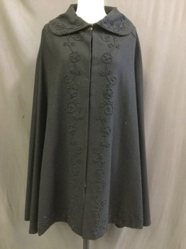 Womens, Cape 1890s-1910s, N/L, Black, Wool, Beaded, Solid, Floral, OS, Peter Pan Collar, Hook & Eyes, Knee Length, Beaded Detail at Collar, Down Front and Front Hem, Multiples,