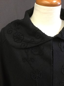 Womens, Cape 1890s-1910s, N/L, Black, Wool, Beaded, Solid, Floral, OS, Peter Pan Collar, Hook & Eyes, Knee Length, Beaded Detail at Collar, Down Front and Front Hem, Multiples,