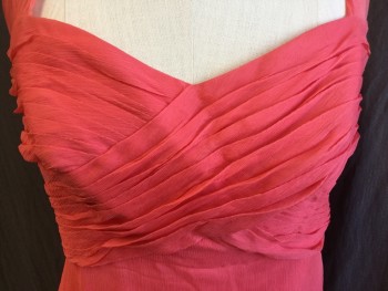 MONIQUE LHUILLIER, Orange, Silk, Polyester, Solid, Silk Crepe, A-Line with Pleated Criss-cross Halter Top, Matching Lining, CB Zipper