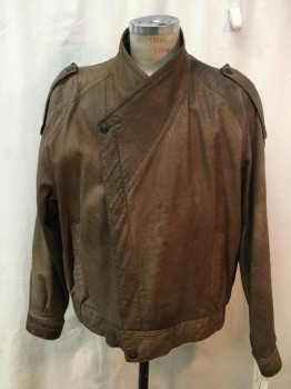 Mens, Leather Jacket, ADVENTURE BOUND, Brown, Leather, Solid, XL, Asymmetrical Zip Front, Snap at Front of Surplice Stand Collar, Epaulets, Elastic Side Waist, Snap Tabs at Back Waist, 2 Pockets, Shoulder Pads