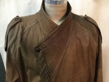Mens, Leather Jacket, ADVENTURE BOUND, Brown, Leather, Solid, XL, Asymmetrical Zip Front, Snap at Front of Surplice Stand Collar, Epaulets, Elastic Side Waist, Snap Tabs at Back Waist, 2 Pockets, Shoulder Pads