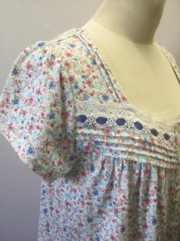 Womens, Nightgown, ADONNA, Multi-color, White, Pink, Lt Blue, Sage Green, Cotton, Polyester, Floral, S, Colorful Muted Floral, Jersey, Cap-Sleeve, Square Neck, Blue Satin Ribbon and White Lace Detail at Neck, 7 Button Placket, Knee Length