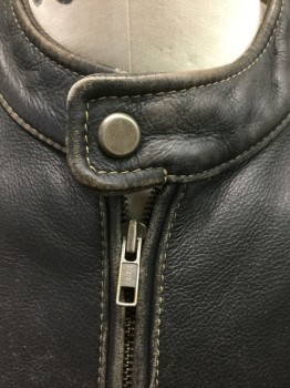 DANIER, Black, Leather, Solid, Zip Front, Round Neck with 1" Wide Neck Band, 2 Pockets, Zippers at Cuffs, Beige Cotton Twill Lining