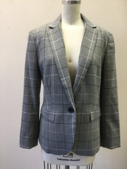ANN TAYLOR, Gray, Black, Taupe, White, Polyester, Viscose, Plaid, Single Breasted, 1 Button, Collar Attached, Notched Lapel, 2 Flap Pockets, Long Sleeves