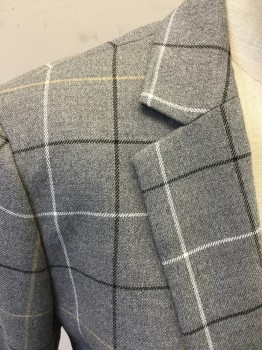 ANN TAYLOR, Gray, Black, Taupe, White, Polyester, Viscose, Plaid, Single Breasted, 1 Button, Collar Attached, Notched Lapel, 2 Flap Pockets, Long Sleeves