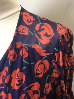 REFORMATION, Navy Blue, Coral Pink, Green, Viscose, Floral, Navy with Coral and Green Roses Pattern, Chiffon, Long Sleeves, Wrap Dress, Maxi Length, Elastic Cuffs