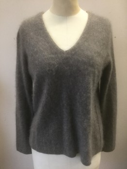BANANA REPUBLIC, Warm Gray, Cashmere, Solid, Fuzzy Texture Knit, Long Sleeves, V-neck, High/Low Hemline