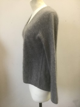 BANANA REPUBLIC, Warm Gray, Cashmere, Solid, Fuzzy Texture Knit, Long Sleeves, V-neck, High/Low Hemline