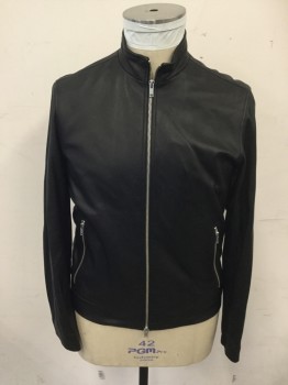 THEORY, Black, Leather, Solid, Zip Front, Stand Collar, Long Sleeves, 2 Zip Pockets, Elastic Back Waistband
