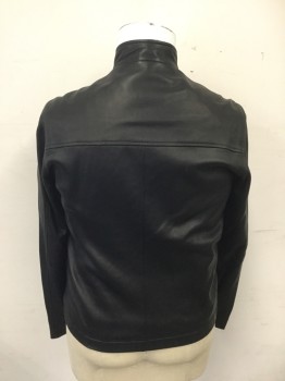 THEORY, Black, Leather, Solid, Zip Front, Stand Collar, Long Sleeves, 2 Zip Pockets, Elastic Back Waistband