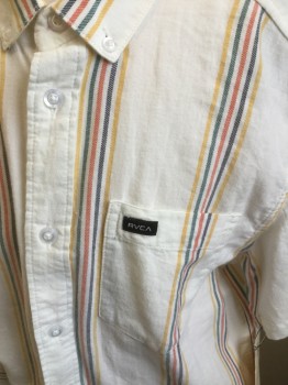 RVCA, Cream, Gold, Red, Black, Green, Cotton, Stripes, Button Front, Collar Attached, Button Down, Short Sleeves, Pocket,