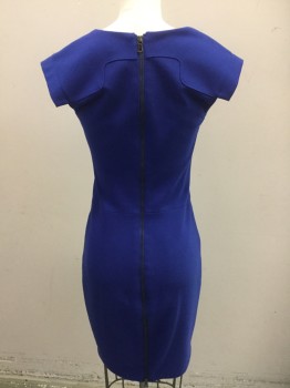 ROBERT RODRIGUEZ, Royal Blue, Polyester, Viscose, Solid, Design Style Lines at Waist, Center Front Seam, Cap Sleeves, Center Back Zipper From Neck to Hem