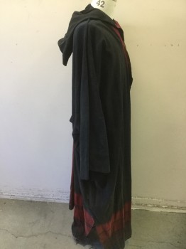 Mens, Historical Fiction Robe, MTO, Black, Red, Cotton, Solid, XXL, Made To Order, Open Front with Leather Tie at Neck, Hooded, Aged/Distressed, Unlined. Multiples, BAR CODE is at Center Back Behind Selvage of Insert