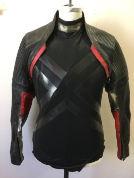 Mens, Sci-Fi/Fantasy Piece 1, MTO, Black, Red, Silver, Leather, Color Blocking, 40, Motorcycle Shrug, Nicely Aged, Zipper Forearms, Quilted Shoulders and Elbows, Velcro and Hook & Eyes Attaches to Bodysuit. Multiple