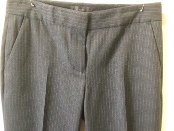 JCREW, Charcoal Gray, Green, Polyester, Viscose, Stripes - Pin, Flat Front, Charcoal with Dotted Pinstripes, Creased Legs, Slit Pockets, Straight Leg