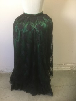 N/L MTO, Dk Green, Black, Polyester, Floral, OVERSKIRT- Dark Green Satin with Black Lace Net Overlay, V Shaped Yoke with Hook & Bar Closures, Black Velvet Trim, Cartridge Pleated, Open at Center Front Below Yoke, 1700's Inspired Made To Order