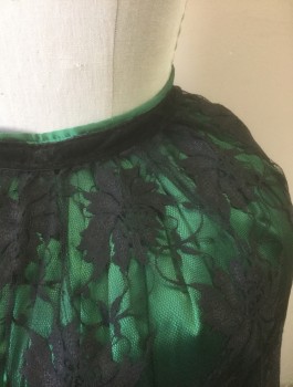 N/L MTO, Dk Green, Black, Polyester, Floral, OVERSKIRT- Dark Green Satin with Black Lace Net Overlay, V Shaped Yoke with Hook & Bar Closures, Black Velvet Trim, Cartridge Pleated, Open at Center Front Below Yoke, 1700's Inspired Made To Order