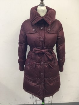 Womens, Coat, Winter, MARC JACOBS, Wine Red, Polyester, Solid, XS, Down Filled, Quilted, Snap Front with Button Detail, 4 Pockets, Long Sleeves, Shoulder Panels with Snaps, Ribbed Knit Cuff, Oversized Ribbed Knit Collar, Self Belt, 1 Center Back Belt Loop, White Stains Center Front