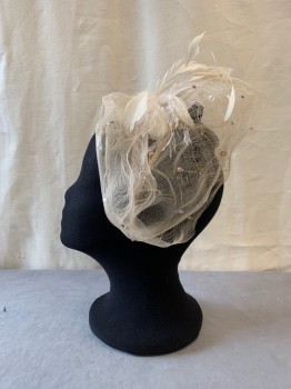 Womens, Fascinator, NL, Blush Pink, Feathers, Beaded, Solid, OS, Delicate Net with Bead & Feather Detail